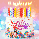 A cheerful white birthday cake with multicolor sprinkles, lit candles, and 'Lilly' written in vibrant letters, in an animated GIF.