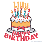 Cartoon birthday cake with a red bow, glowing candles, and 'Lilly Happy Birthday' text in bold animated style.
