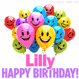 Animated colorful and joyful birthday balloons with cheerful smiles and a bright 'Happy Birthday Lilly!' message in pink and purple.