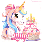 An adorable animated unicorn with soft pastel colors sits beside a birthday cake with glowing candles, and a pink 'Happy Birthday Lilly!' words.