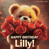 Cinematic style cute animated teddy bear with charming features holding a large bouquet of red roses, the words say 'Happy Birthday Lilly' in sans serif font.