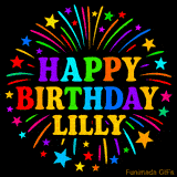 Personalized greeting card with name, colorful text that says 'Happy Birthday Lilly' surrounded by animated fireworks and multicolor stars