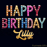 Vibrant luxury birthday greeting card for Lilly, showing glittering gemstone letters and golden calligraphy on a dark background with twinkling shine effects.