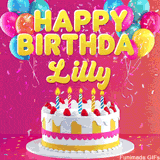 Pink-themed animated greeting with balloons, confetti, and a frosted cake under the message 'Happy Birthday Lilly' in bold rounded yellow font.