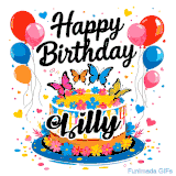 An animated birthday card for Lilly. It features a festive cake with her name, 'Lilly', and colorful butterflies. Floating balloons and hearts complete the joyful scene.