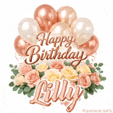 Stylish pink and gold Happy Birthday Lilly animation with floral decor
