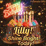 A customized birthday ecard for Lilly displaying a rich chocolate cake with a sparkly dark background.