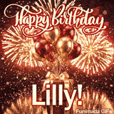 Beautiful ecard for Lilly showcasing red and gold helium balloons and spectacular exploding fireworks.