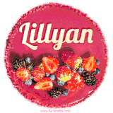 Beautifully decorated red velvet berry birthday cake with vibrant fruits and a glowing 'Lillyan' name, adding a touch of sweetness and sparkle.