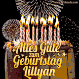A chocolate birthday cake with glowing candles, the German text 'Alles Gute zum Geburtstag Lillyan,' and vibrant fireworks lighting up the background in an animated GIF.