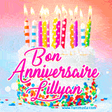A white birthday cake covered in colorful sprinkles, topped with bright candles, and French text 'Bon Anniversaire Lillyan' on a pastel gradient background in an animated GIF.