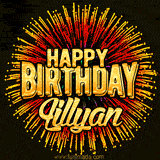 Golden 'Happy Birthday Lillyan' text accompanied by animated rainbow fireworks for a festive animated greeting.