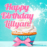 A festive cupcake with pink icing, a gingham bow, and a lit animated sparkler, paired with 'Happy Birthday Lillyan!' in bright pink text.