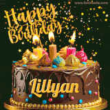 A delightful chocolate birthday cake with bright candles and 'Happy Birthday Lillyan' written in gold amidst a shower of animated stars.