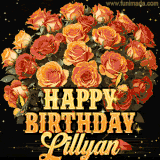 Animated bouquet of orange roses with moving butterfles and golden 'Happy Birthday Lillyan' text, surrounded by sparkling accents and a dark backdrop for a luxurious feel.