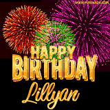 A golden 'Happy Birthday Lillyan' message with vibrant fireworks in the background, creating a festive and celebratory vibe in this animated name GIF.