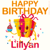 A vibrant and funny gift box character with a happy face dancing with a cupcake and the text 'Happy Birthday Lillyan,' surrounded by animated confetti and party vibes.