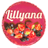 Beautifully decorated red velvet berry birthday cake with vibrant fruits and a glowing 'Lillyana' name, adding a touch of sweetness and sparkle.