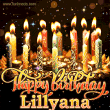 A glowing personalized birthday GIF with name Lillyana featuring lit candles with intricate designs, warm lighting, and the text 'Happy Birthday' in an elegant font.