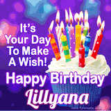 A colorful birthday GIF for Lillyana featuring a cupcake with vibrant lit candles and the text 'It's Your Day to Make a Wish! Happy Birthday Lillyana' in bold letters on a festive purple background.