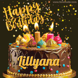 A delightful chocolate birthday cake with bright candles and 'Happy Birthday Lillyana' written in gold amidst a shower of animated stars.