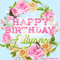 A charming animated GIF featuring 'Happy Birthday Lillyana' in pink and green text, surrounded by delicate roses, leaves, and fluttering butterflies on a soft light blue pastel background.