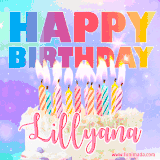 A vibrant animated name GIF with the words 'Happy Birthday Lillyana' with colorful candles on a creamy cake. The background sparkles with pastel shades, adding a festive touch.