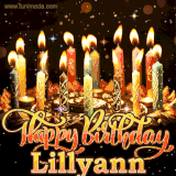 A glowing personalized birthday GIF with name Lillyann featuring lit candles with intricate designs, warm lighting, and the text 'Happy Birthday' in an elegant font.