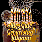 A chocolate birthday cake with glowing candles, the German text 'Alles Gute zum Geburtstag Lillyann,' and vibrant fireworks lighting up the background in an animated GIF.