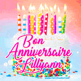 A white birthday cake covered in colorful sprinkles, topped with bright candles, and French text 'Bon Anniversaire Lillyann' on a pastel gradient background in an animated GIF.