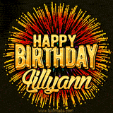 Golden 'Happy Birthday Lillyann' text accompanied by animated rainbow fireworks for a festive animated greeting.