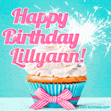 A festive cupcake with pink icing, a gingham bow, and a lit animated sparkler, paired with 'Happy Birthday Lillyann!' in bright pink text.