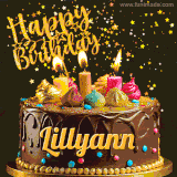 A delightful chocolate birthday cake with bright candles and 'Happy Birthday Lillyann' written in gold amidst a shower of animated stars.