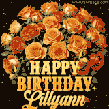 Animated bouquet of orange roses with moving butterfles and golden 'Happy Birthday Lillyann' text, surrounded by sparkling accents and a dark backdrop for a luxurious feel.