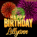 A golden 'Happy Birthday Lillyann' message with vibrant fireworks in the background, creating a festive and celebratory vibe in this animated name GIF.