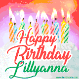 Bright birthday candles with rainbow flames on a cake, alongside the text 'Happy Birthday Lillyanna' in vibrant script in this celebratory animated GIF.