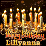 A glowing personalized birthday GIF with name Lillyanna featuring lit candles with intricate designs, warm lighting, and the text 'Happy Birthday' in an elegant font.