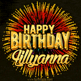 Golden 'Happy Birthday Lillyanna' text accompanied by animated rainbow fireworks for a festive animated greeting.