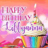 A vibrant birthday GIF featuring a rainbow-colored cupcake topped with white frosting, sprinkles, and a lit candle. The text reads 'Happy Birthday Lillyanna' in bold pink and violet letters with white outline.