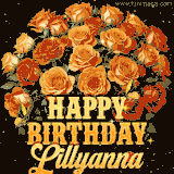 Animated bouquet of orange roses with moving butterfles and golden 'Happy Birthday Lillyanna' text, surrounded by sparkling accents and a dark backdrop for a luxurious feel.