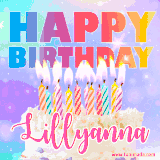 A vibrant animated name GIF with the words 'Happy Birthday Lillyanna' with colorful candles on a creamy cake. The background sparkles with pastel shades, adding a festive touch.