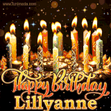 A glowing personalized birthday GIF with name Lillyanne featuring lit candles with intricate designs, warm lighting, and the text 'Happy Birthday' in an elegant font.
