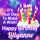 A colorful birthday GIF for Lillyanne featuring a cupcake with vibrant lit candles and the text 'It's Your Day to Make a Wish! Happy Birthday Lillyanne' in bold letters on a festive purple background.