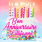 A white birthday cake covered in colorful sprinkles, topped with bright candles, and French text 'Bon Anniversaire Lillyanne' on a pastel gradient background in an animated GIF.