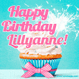 A festive cupcake with pink icing, a gingham bow, and a lit animated sparkler, paired with 'Happy Birthday Lillyanne!' in bright pink text.
