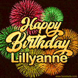 Golden text reading 'Happy Birthday Lillyanne' surrounded by vibrant fireworks in red, green, and yellow, set against a dark background in this celebratory birthday GIF.