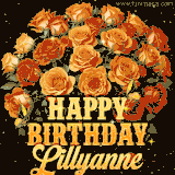 Animated bouquet of orange roses with moving butterfles and golden 'Happy Birthday Lillyanne' text, surrounded by sparkling accents and a dark backdrop for a luxurious feel.