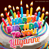 A colorful birthday cake topped with lit candles, with the words 'Happy Birthday Lillyanne' in bold glowing letters on a burgundy background. Animated flames add a festive touch.