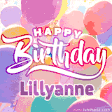 A vibrant name GIF featuring colorful balloons in shades of pink, orange, and yellow with the bold text 'Happy Birthday Lillyanne' in festive fonts, creating a lively birthday vibe.