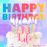 A vibrant animated name GIF with the words 'Happy Birthday Lilo' with colorful candles on a creamy cake. The background sparkles with pastel shades, adding a festive touch.